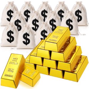 hydren 24 pcs fake gold bar set includes 12 pcs 2.4inch mini replica brick 12 pcs drawstring pouch bag 6.3x4.8inch halloween pirate costume prop