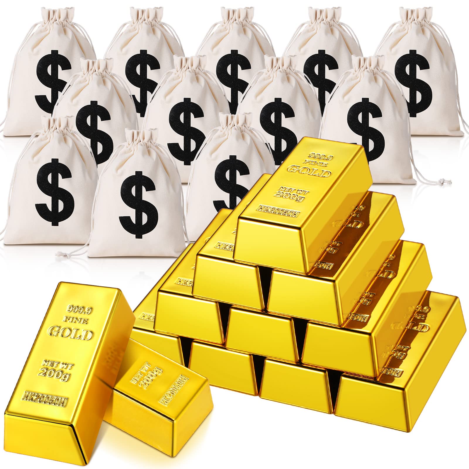 HyDren 24 Pcs Fake Gold Bar Set Includes 12 Pcs 2.4inch Mini Replica Brick 12 Pcs Drawstring Pouch Bag 6.3x4.8inch Halloween Pirate Costume Prop