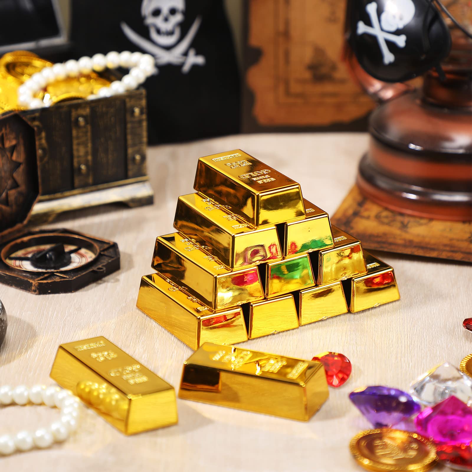 HyDren 24 Pcs Fake Gold Bar Set Includes 12 Pcs 2.4inch Mini Replica Brick 12 Pcs Drawstring Pouch Bag 6.3x4.8inch Halloween Pirate Costume Prop