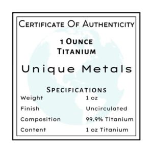 1 Oz One Troy Ounce USA American Buffalo .999 Fine Titanium Bullion Bar Ti Element with Certificate of Authenticity by Unique Metals