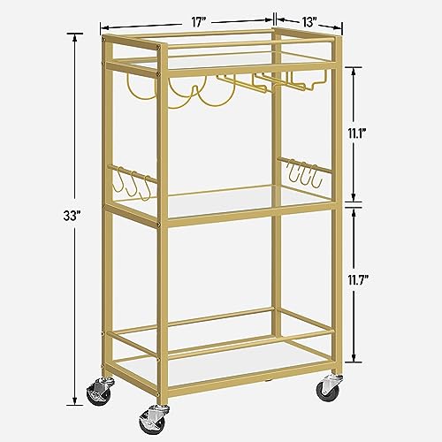 TUTOTAK Bar Cart, Home Bar Serving Cart with 3-Tier Mirrored Shelf, Microwave Cart, Drink Cart, Mobile Kitchen Shelf with Wine Rack, Rolling Beverage Cart, Gold BC01BB033