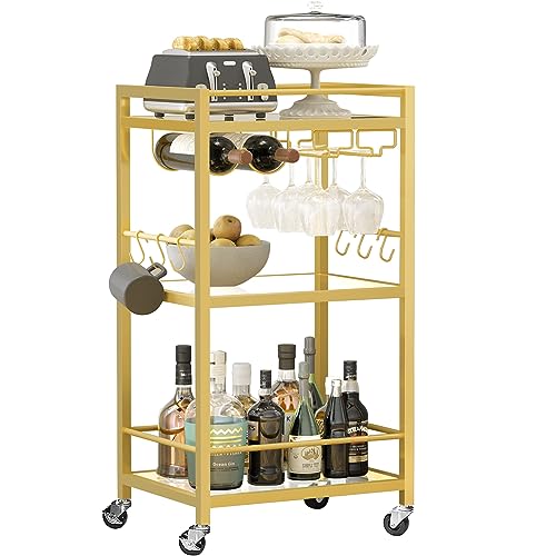 TUTOTAK Bar Cart, Home Bar Serving Cart with 3-Tier Mirrored Shelf, Microwave Cart, Drink Cart, Mobile Kitchen Shelf with Wine Rack, Rolling Beverage Cart, Gold BC01BB033