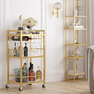 tutotak bar cart, home bar serving cart with 3-tier mirrored shelf, microwave cart, drink cart, mobile kitchen shelf with wine rack, rolling beverage cart, gold bc01bb033