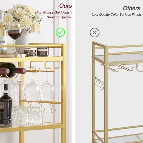 TUTOTAK Bar Cart, Home Bar Serving Cart with 3-Tier Mirrored Shelf, Microwave Cart, Drink Cart, Mobile Kitchen Shelf with Wine Rack, Rolling Beverage Cart, Gold BC01BB033