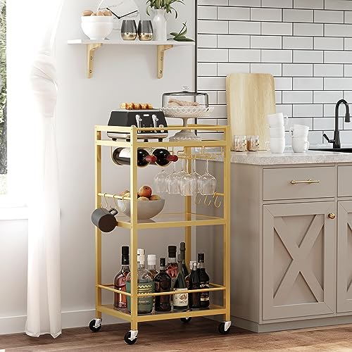 TUTOTAK Bar Cart, Home Bar Serving Cart with 3-Tier Mirrored Shelf, Microwave Cart, Drink Cart, Mobile Kitchen Shelf with Wine Rack, Rolling Beverage Cart, Gold BC01BB033