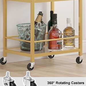 TUTOTAK Bar Cart, Home Bar Serving Cart with 3-Tier Mirrored Shelf, Microwave Cart, Drink Cart, Mobile Kitchen Shelf with Wine Rack, Rolling Beverage Cart, Gold BC01BB033