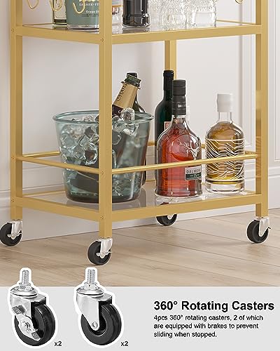 TUTOTAK Bar Cart, Home Bar Serving Cart with 3-Tier Mirrored Shelf, Microwave Cart, Drink Cart, Mobile Kitchen Shelf with Wine Rack, Rolling Beverage Cart, Gold BC01BB033