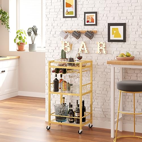 TUTOTAK Bar Cart, Home Bar Serving Cart with 3-Tier Mirrored Shelf, Microwave Cart, Drink Cart, Mobile Kitchen Shelf with Wine Rack, Rolling Beverage Cart, Gold BC01BB033