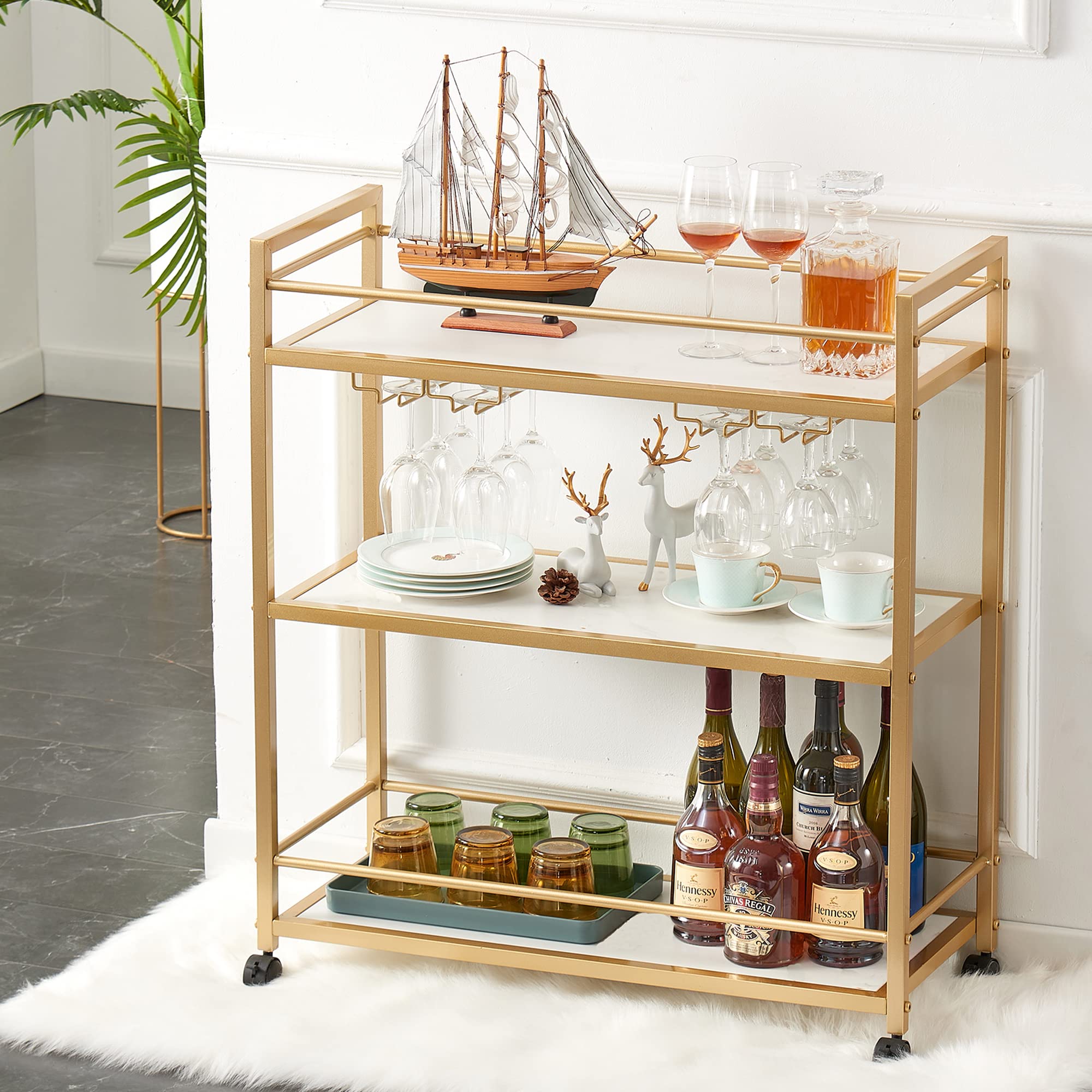 GOLASON Gold Bar Cart with 3 Shelves, Wine Glass Bottle Storage Bar Serving Cart with Wheels for Kitchen Living Room (31.5”W, White)