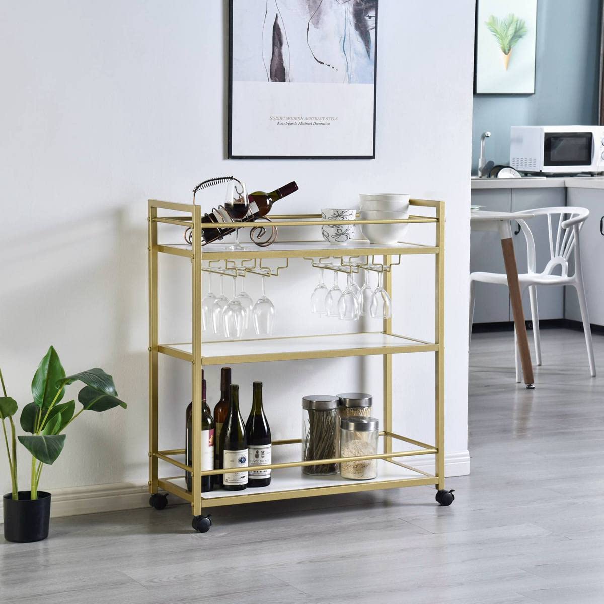 GOLASON Gold Bar Cart with 3 Shelves, Wine Glass Bottle Storage Bar Serving Cart with Wheels for Kitchen Living Room (31.5”W, White)