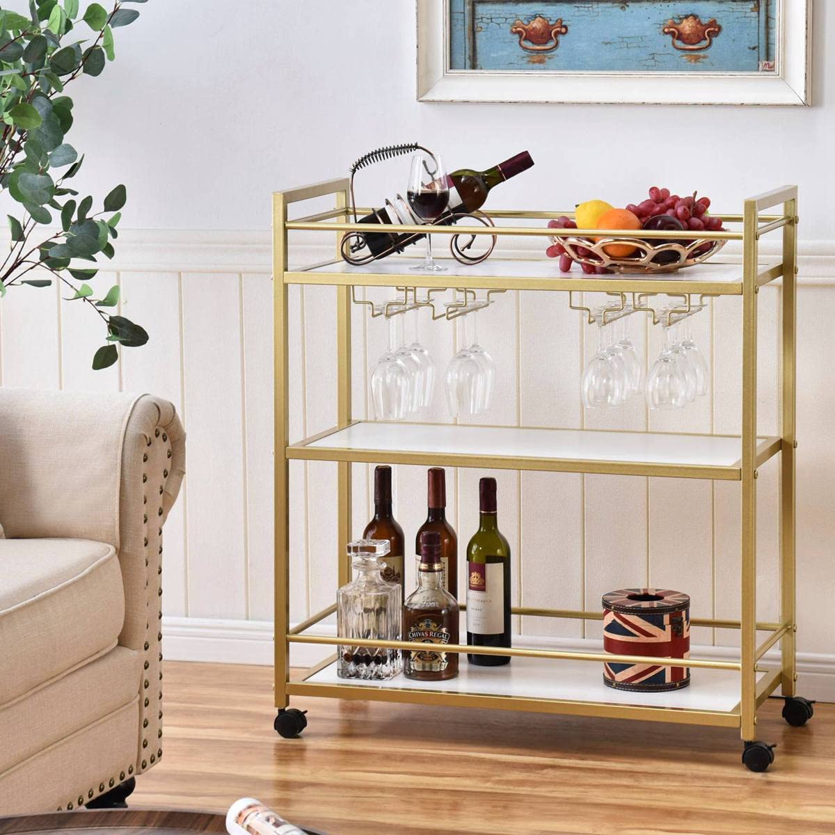 GOLASON Gold Bar Cart with 3 Shelves, Wine Glass Bottle Storage Bar Serving Cart with Wheels for Kitchen Living Room (31.5”W, White)