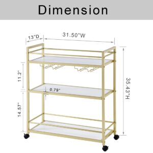 GOLASON Gold Bar Cart with 3 Shelves, Wine Glass Bottle Storage Bar Serving Cart with Wheels for Kitchen Living Room (31.5”W, White)