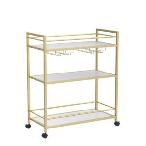 GOLASON Gold Bar Cart with 3 Shelves, Wine Glass Bottle Storage Bar Serving Cart with Wheels for Kitchen Living Room (31.5”W, White)