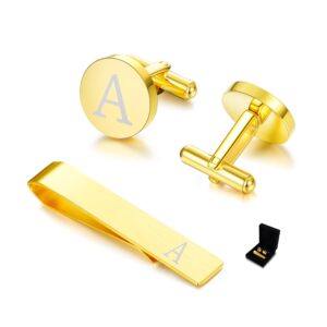 diamday initial cufflinks and tie clip set for men personalized gold stainless steel cuff links and tie bar letter alphabet a gift with box for wedding, groomsmen, husband,father