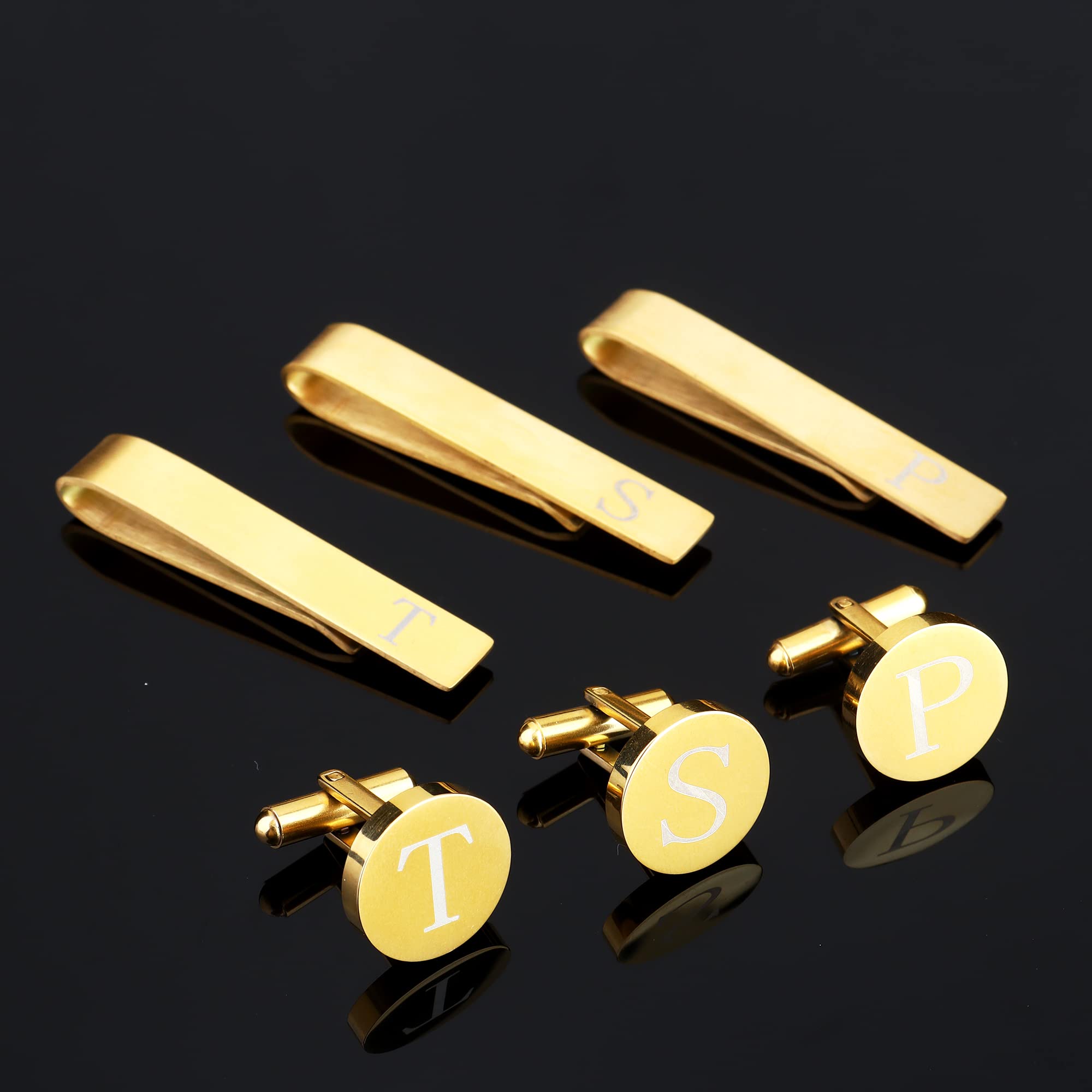 Diamday Initial Cufflinks and Tie Clip Set for Men Personalized Gold Stainless Steel Cuff links and Tie Bar Letter Alphabet A Gift with Box for Wedding, Groomsmen, Husband,Father