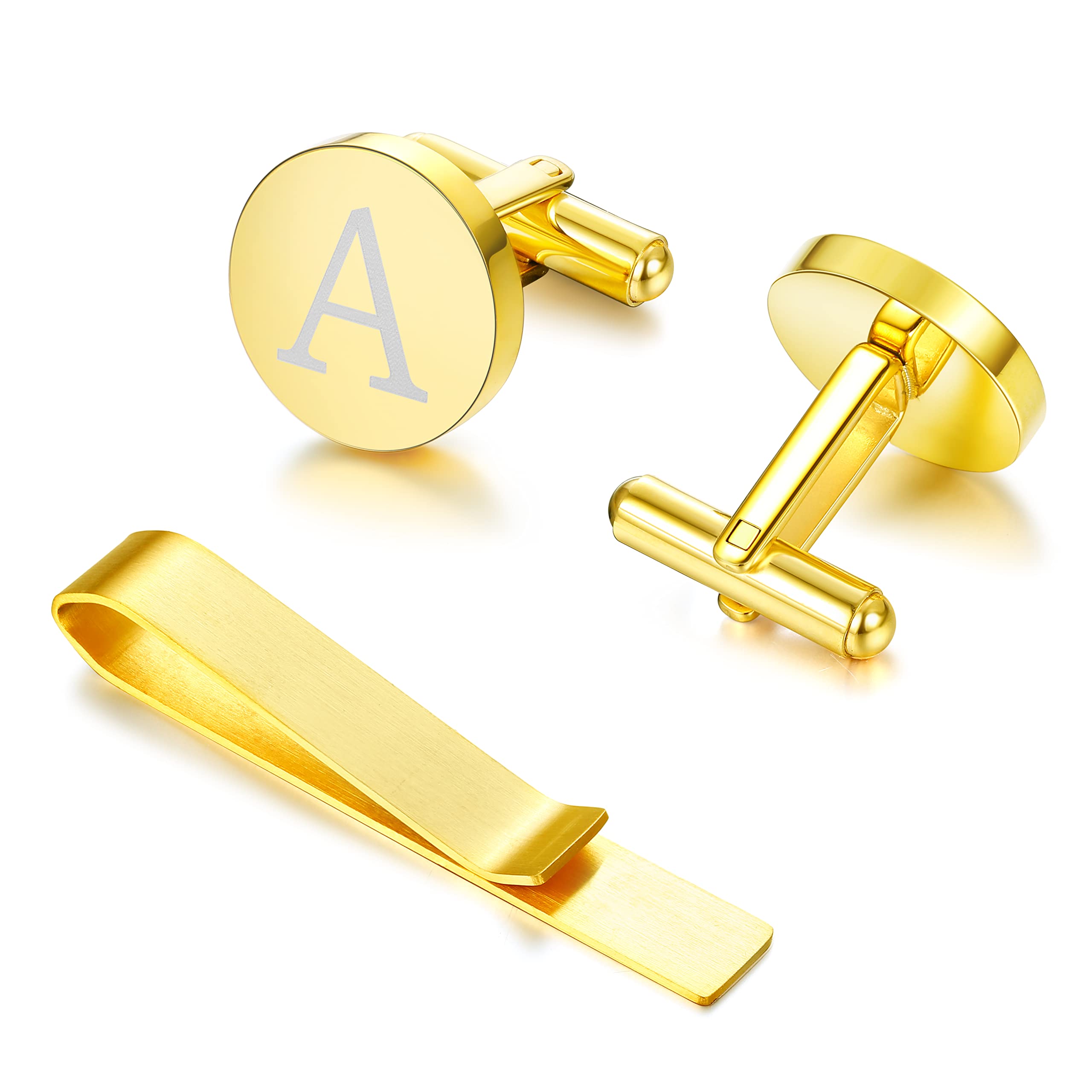Diamday Initial Cufflinks and Tie Clip Set for Men Personalized Gold Stainless Steel Cuff links and Tie Bar Letter Alphabet A Gift with Box for Wedding, Groomsmen, Husband,Father