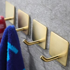 yigii adhesive towel hooks/bathroom hook, gold self adhesive hooks heavy duty coat hooks 4-packs, non-punching for hanging robes clothes hats stick on kitchen bedroom wall door, stainless steel