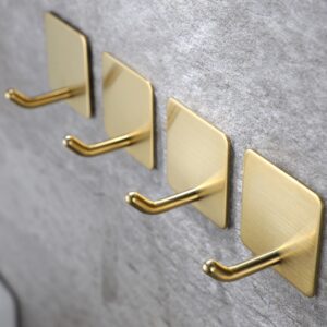 YIGII Adhesive Towel Hooks/Bathroom Hook, Gold Self Adhesive Hooks Heavy Duty Coat Hooks 4-Packs, Non-Punching for Hanging Robes Clothes Hats Stick on Kitchen Bedroom Wall Door, Stainless Steel