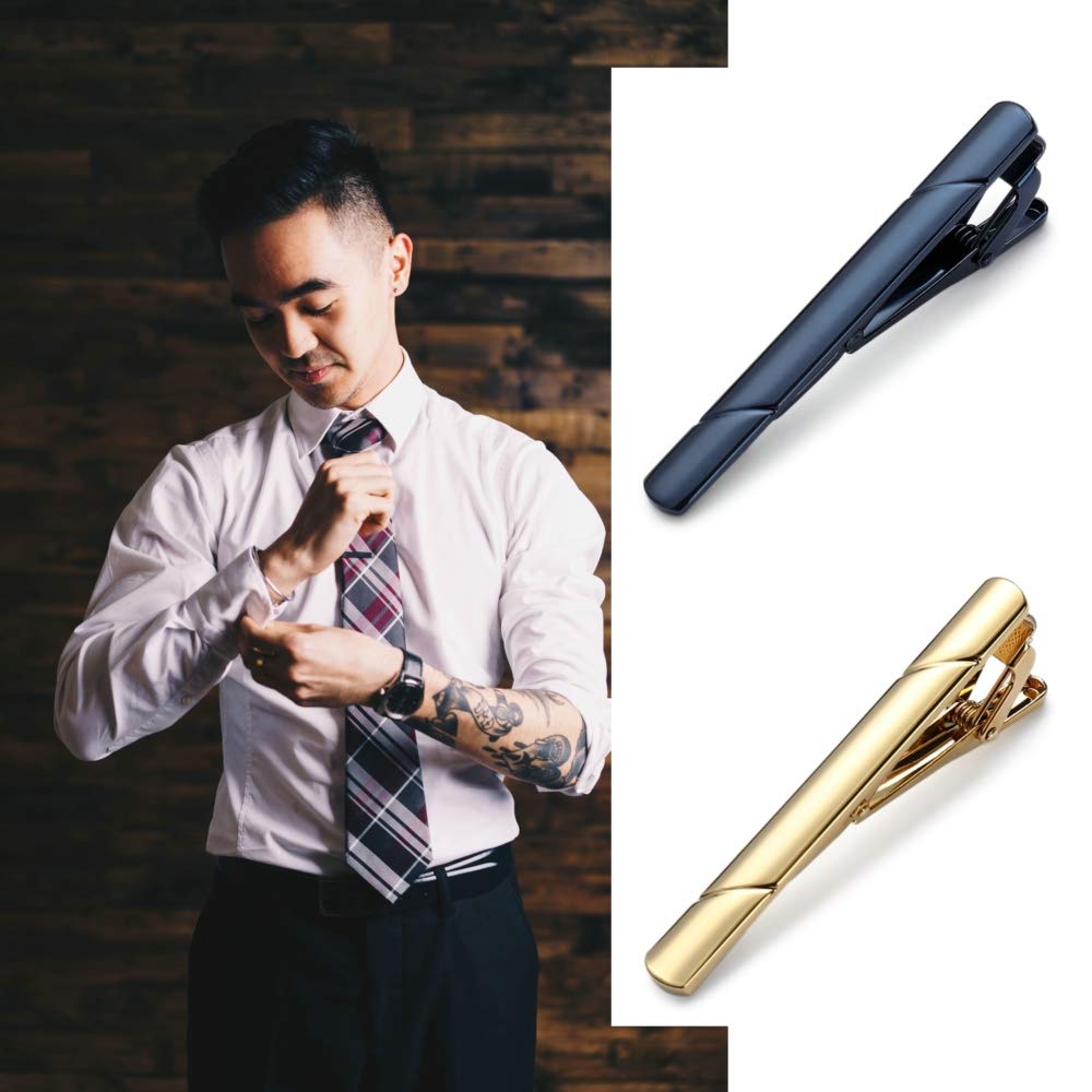 MOZETO Tie Clips for Men, Black Gold Blue Silver Tie Bar Set for Regular Ties, Luxury Box Gift Ideas