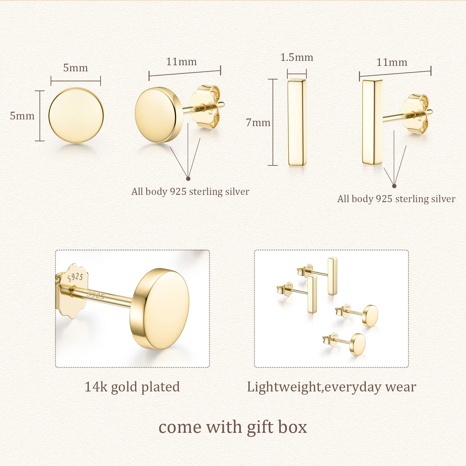 JIAYIQI 2 Pairs 14K Gold Plated Stud Earrings for Women Hypoallergenic 925 Sterling Silver Bar Dot Stud Earrings Small Gold Stud Earring Set Cartilage Earrings