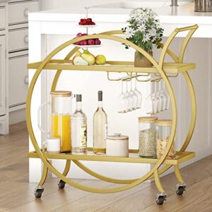 SMARTISBEAUTY Gold Bar Cart, 2-Tier Rolling Mobile Home Bar and Serving Beverage Carts with Glass Holdler, Modern Metal Wine Cart with Lockable Wheels 28" W x 14" D x 31”H
