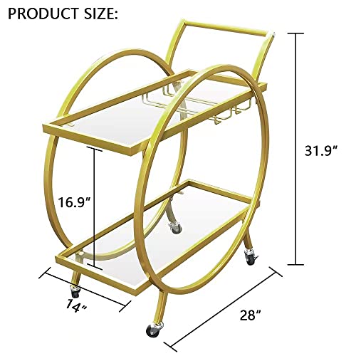 SMARTISBEAUTY Gold Bar Cart, 2-Tier Rolling Mobile Home Bar and Serving Beverage Carts with Glass Holdler, Modern Metal Wine Cart with Lockable Wheels 28" W x 14" D x 31”H