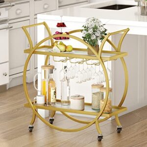 SMARTISBEAUTY Gold Bar Cart, 2-Tier Rolling Mobile Home Bar and Serving Beverage Carts with Glass Holdler, Modern Metal Wine Cart with Lockable Wheels 28" W x 14" D x 31”H