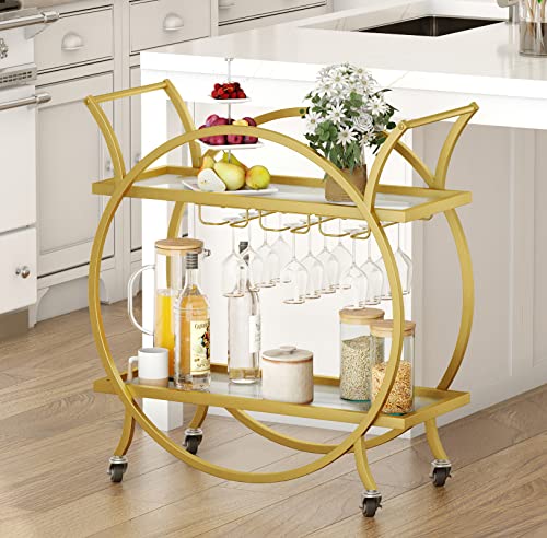 SMARTISBEAUTY Gold Bar Cart, 2-Tier Rolling Mobile Home Bar and Serving Beverage Carts with Glass Holdler, Modern Metal Wine Cart with Lockable Wheels 28" W x 14" D x 31”H