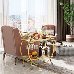 SMARTISBEAUTY Gold Bar Cart, 2-Tier Rolling Mobile Home Bar and Serving Beverage Carts with Glass Holdler, Modern Metal Wine Cart with Lockable Wheels 28" W x 14" D x 31”H