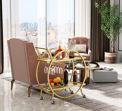 SMARTISBEAUTY Gold Bar Cart, 2-Tier Rolling Mobile Home Bar and Serving Beverage Carts with Glass Holdler, Modern Metal Wine Cart with Lockable Wheels 28" W x 14" D x 31”H