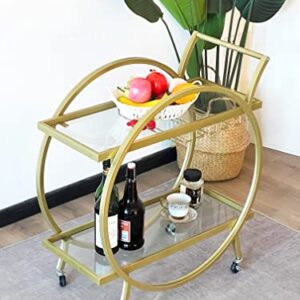 SMARTISBEAUTY Gold Bar Cart, 2-Tier Rolling Mobile Home Bar and Serving Beverage Carts with Glass Holdler, Modern Metal Wine Cart with Lockable Wheels 28" W x 14" D x 31”H