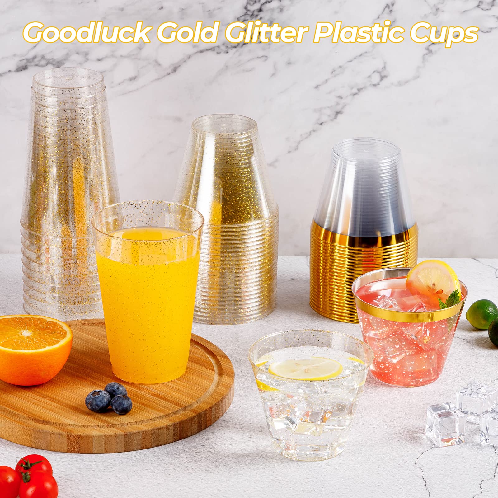 100PCS 9oz Glitter Plastic Cups for Party, Disposable Gold Cups, Plastic Cocktail Glasses for Wedding Thanksgiving, Christmas, and Parties