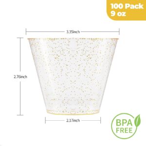 100PCS 9oz Glitter Plastic Cups for Party, Disposable Gold Cups, Plastic Cocktail Glasses for Wedding Thanksgiving, Christmas, and Parties