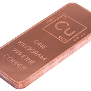 1 Kilo .999 Pure Copper Bar Bullion with Element Design - Unique Metals