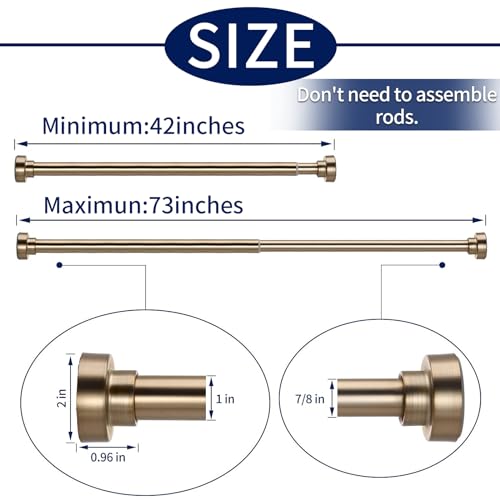 YNL Shower Curtain Rod Tension- No Drill, Never Rust, Non-Slip Spring Tension Rods for Window/Bathroom, 42-73 inches, Shower Rod Stainless Steel, Warm Gold