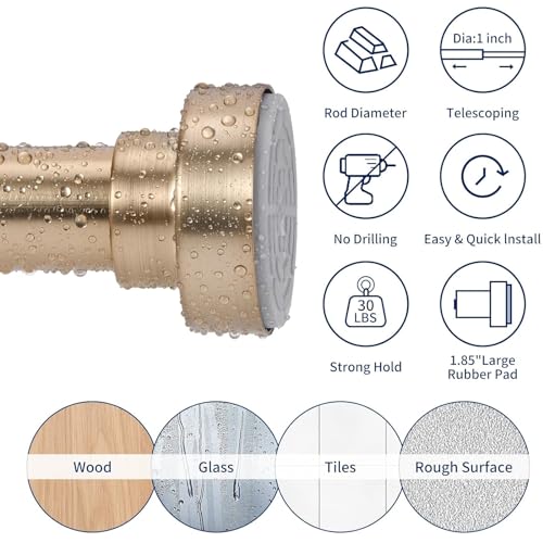 YNL Shower Curtain Rod Tension- No Drill, Never Rust, Non-Slip Spring Tension Rods for Window/Bathroom, 42-73 inches, Shower Rod Stainless Steel, Warm Gold