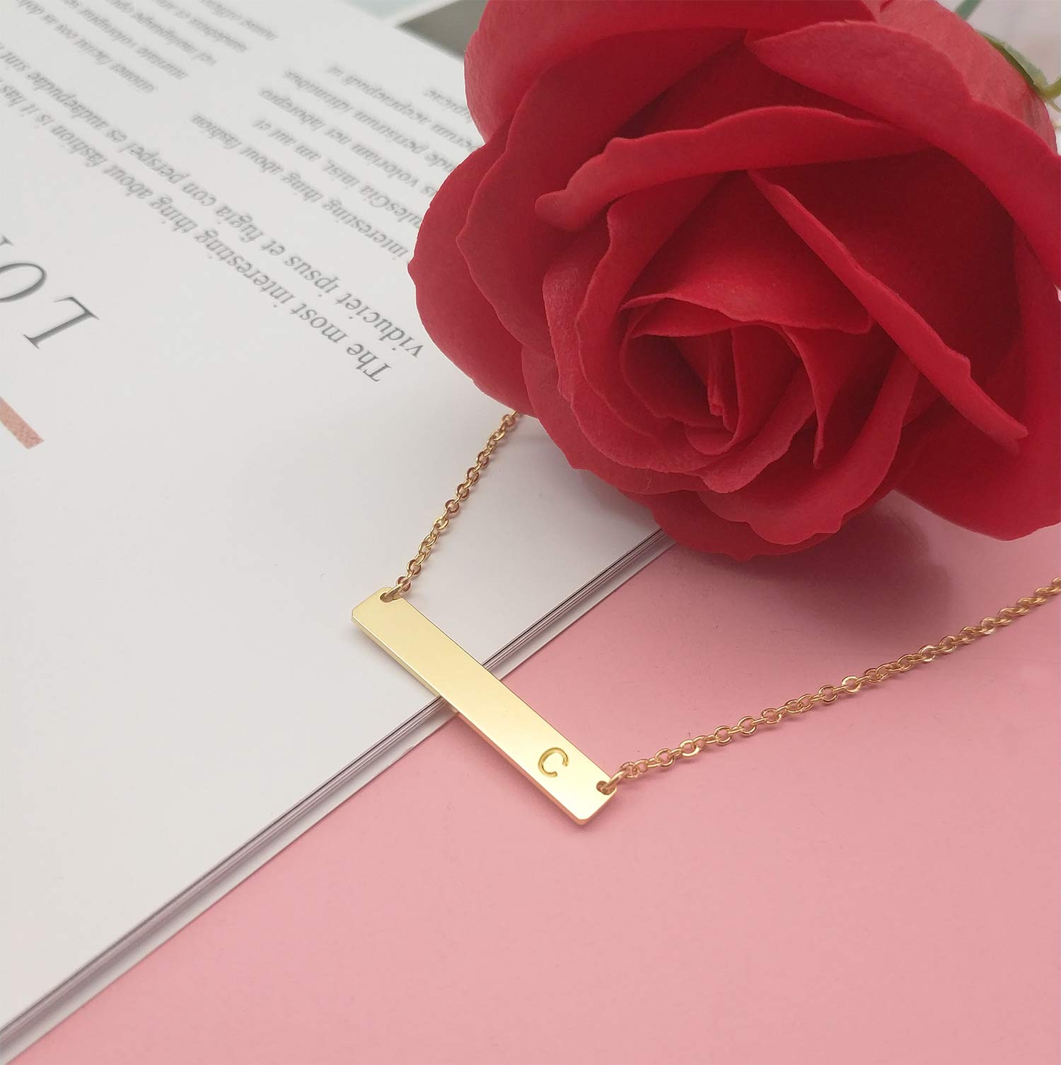 MOMOL Bar Pendant Initial Necklace, 18K Gold Plated Stainless Steel Bar Necklace Dainty Delicate Initial Necklace Simple Personalized Name Letter C Necklace for Women