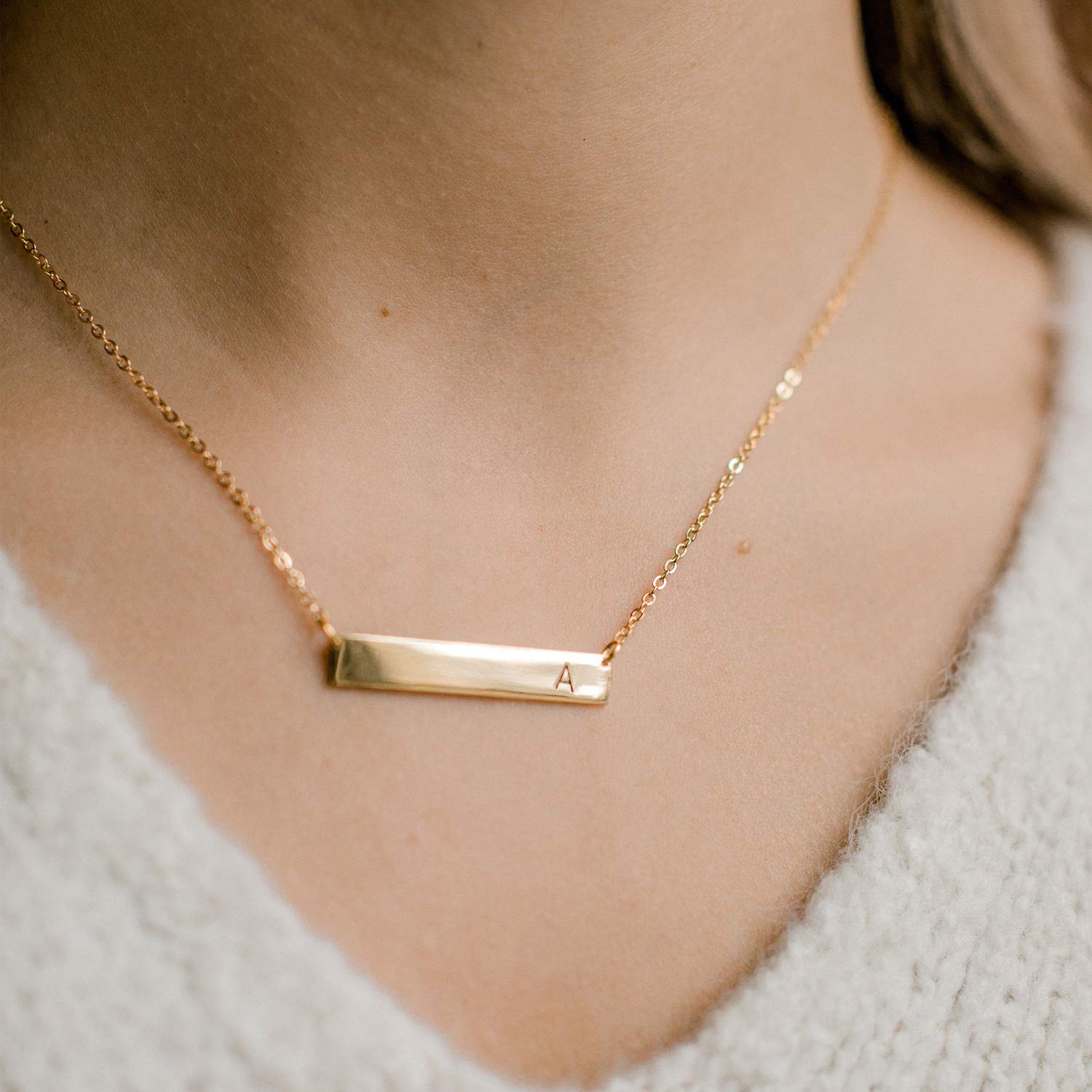 MOMOL Bar Pendant Initial Necklace, 18K Gold Plated Stainless Steel Bar Necklace Dainty Delicate Initial Necklace Simple Personalized Name Letter C Necklace for Women