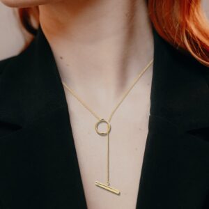 Lynwei Gold Lariat Necklace 18K Gold Plated Y Necklace Gold for Women Circle Bar Necklace Trendy Hypoallergenic Jewelry Christmas Gift