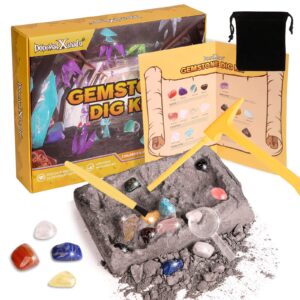 gemstone dig kit, 16 real gem stones excavation kit, stem educational toys science kits, rock and geology easter basket stuffers toys gift for girls boys