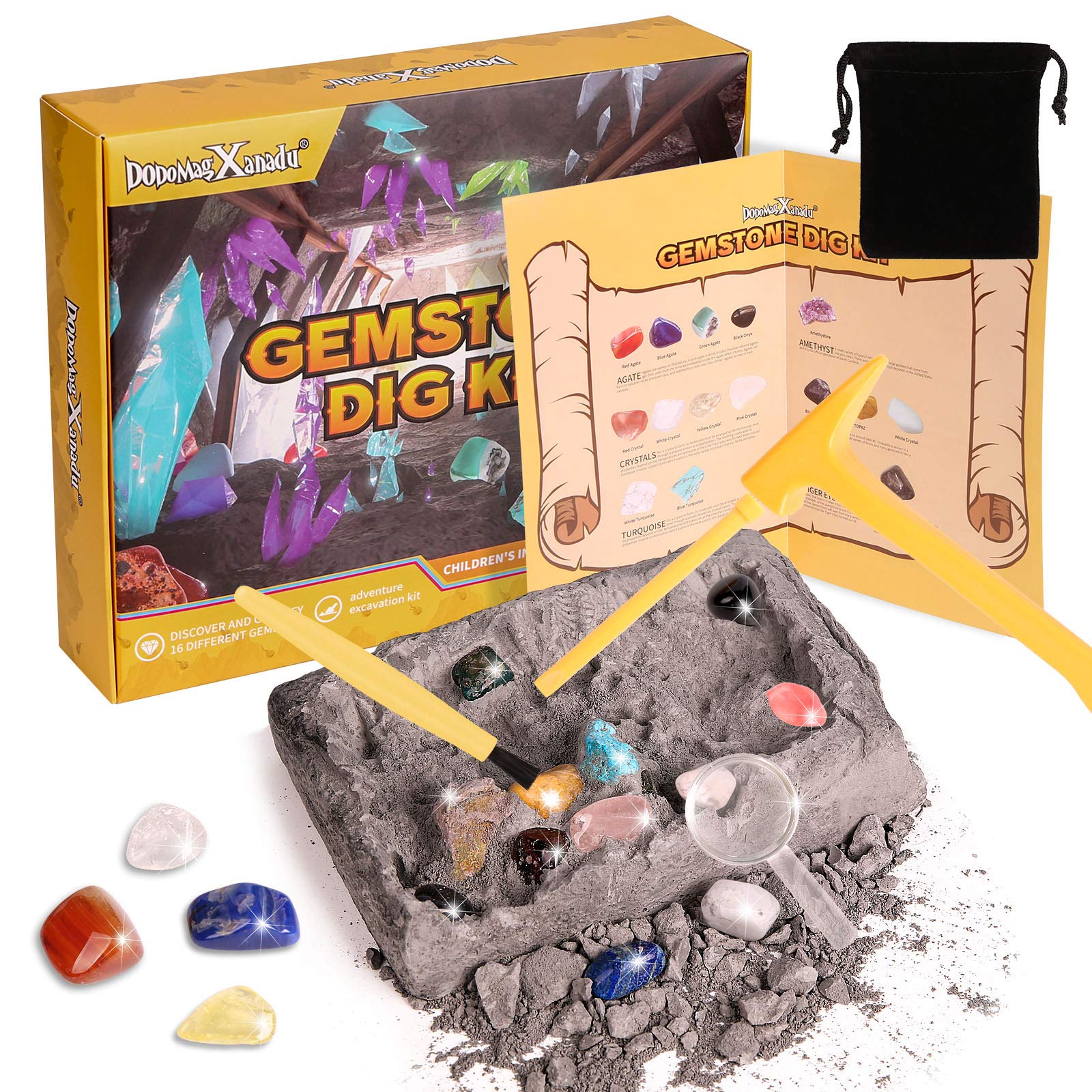 Gemstone Dig Kit, 16 Real Gem Stones Excavation Kit, STEM Educational Toys Science Kits, Rock and Geology Easter Basket Stuffers Toys Gift for Girls Boys