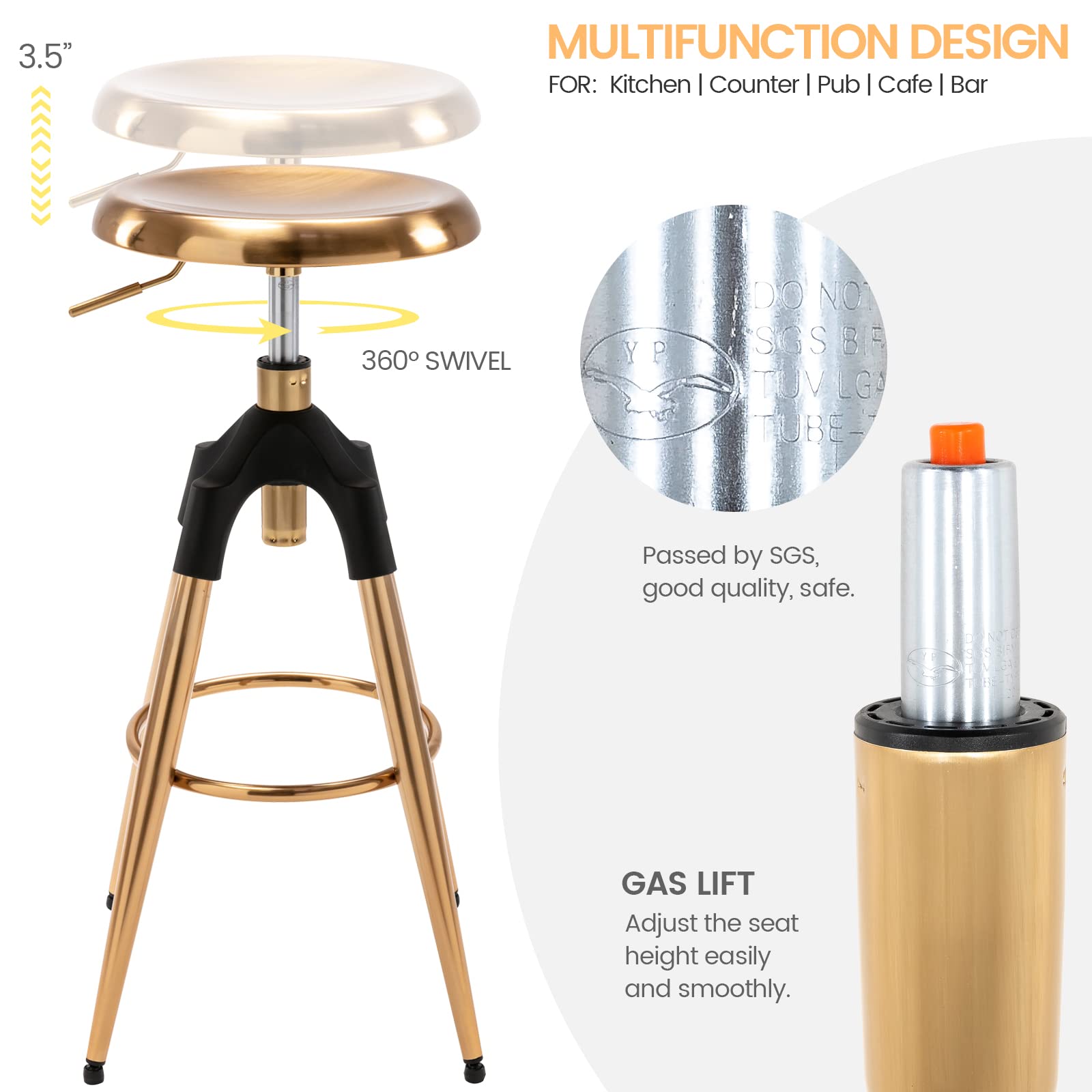 Brage Living 29-32.5 Inch Industrial Adjustable Bar Stool, Swivel Round Seat Metal Barstool with Legs, Backless Heavy Duty Airlift Bar Chair for Kitchen Dining Pub Cafe (Gold)