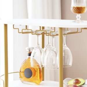 HOOBRO Bar Cart Gold, 3-Tier Home Bar Serving Cart with Lockable Wheels, Rolling Kitchen Cart with Wine Rack and Glass Holders, Mini Bar with Arc Fence for Living Room, Party, Gold and White DW60TC01