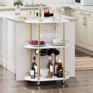 HOOBRO Bar Cart Gold, 3-Tier Home Bar Serving Cart with Lockable Wheels, Rolling Kitchen Cart with Wine Rack and Glass Holders, Mini Bar with Arc Fence for Living Room, Party, Gold and White DW60TC01