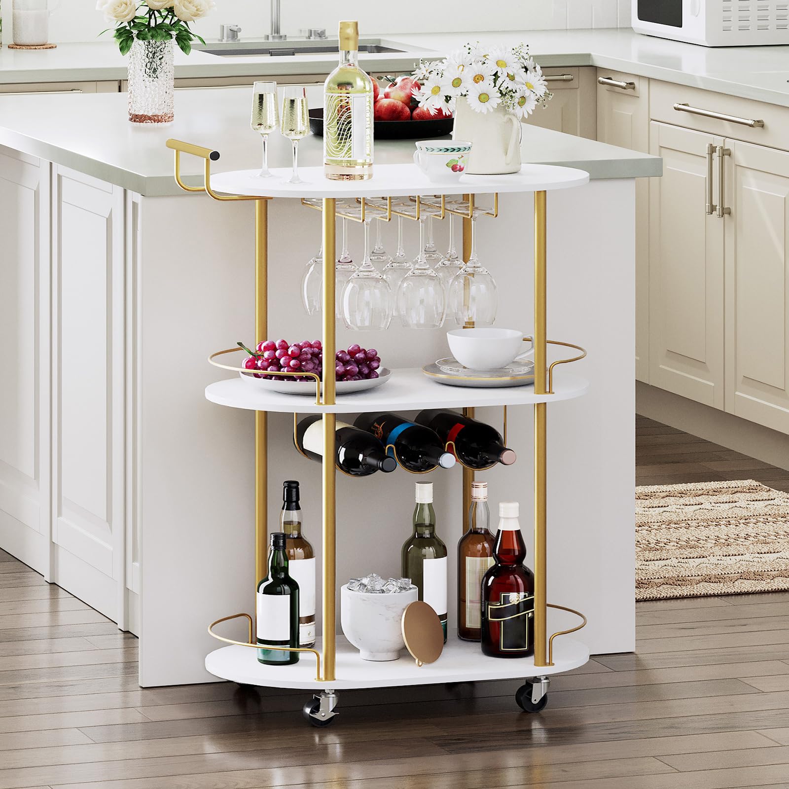 HOOBRO Bar Cart Gold, 3-Tier Home Bar Serving Cart with Lockable Wheels, Rolling Kitchen Cart with Wine Rack and Glass Holders, Mini Bar with Arc Fence for Living Room, Party, Gold and White DW60TC01