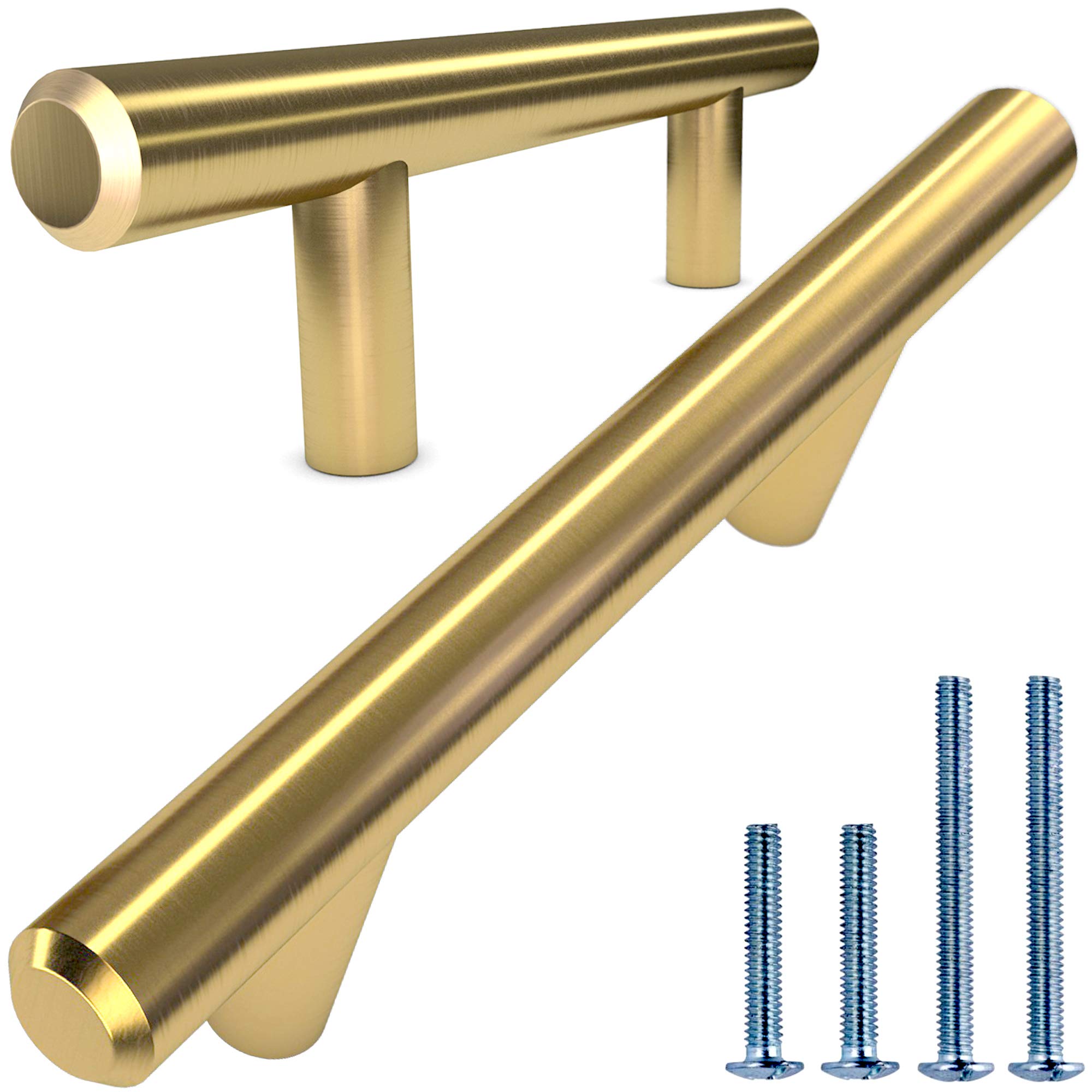 ALPINE HARDWARE PREMIUM SOLID Euro Style Bar Handle Pull-25Pack ~3 In Hole Center & 5 3/8 In Length-Heavy Stainless Steel Bar Handle Pull W/ Satin Gold/Brass Finish-AMERICAN Owned Cabinet Hardware