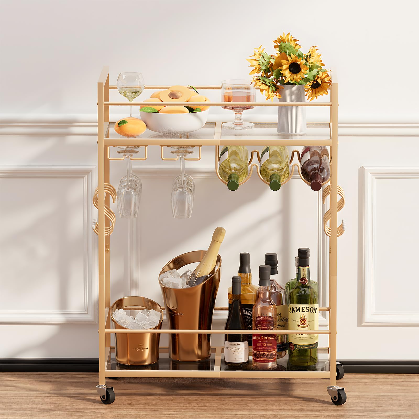 Bar Cart Rose Gold Home Bar Serving Mobile Cart, 2 Tiers Wine Cart with Wine Rack and Glass Holder, Modern Rolling Alcohol Wine Cart, Wine Holders for Home Kitchen Dining Living Room and Party Copper