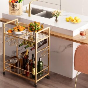 Bar Cart Rose Gold Home Bar Serving Mobile Cart, 2 Tiers Wine Cart with Wine Rack and Glass Holder, Modern Rolling Alcohol Wine Cart, Wine Holders for Home Kitchen Dining Living Room and Party Copper