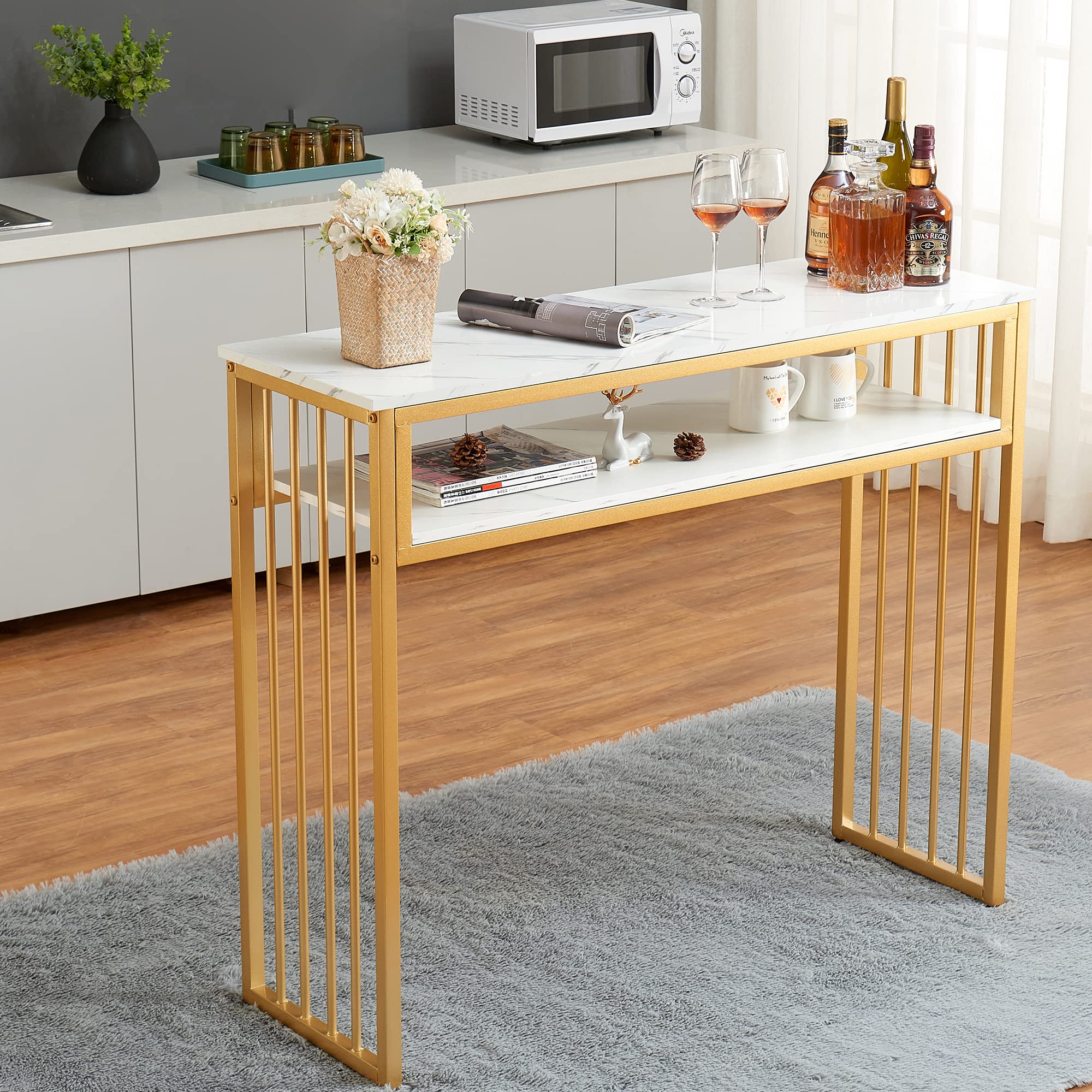 GOLASON Gold Bar Table, High Top Pub Tables for Kitchen, Modern Dinning Table with Open Storage Shelf, Liquor Bar Unit for Living Room (Not Included Chairs, 47”W)