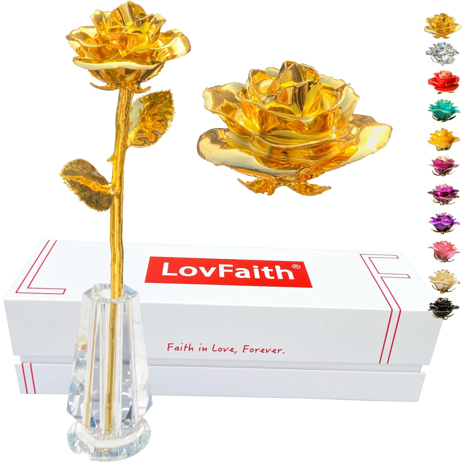 LovFaith Real Rose Dipped 24K Gold, with Crystal Vase, Gift for Her mom Wife Mother Day Anniversary Valentines Day